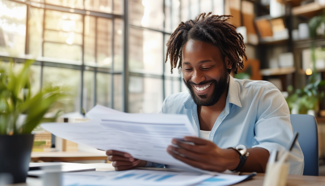 A business owner happily reviewing financial docum