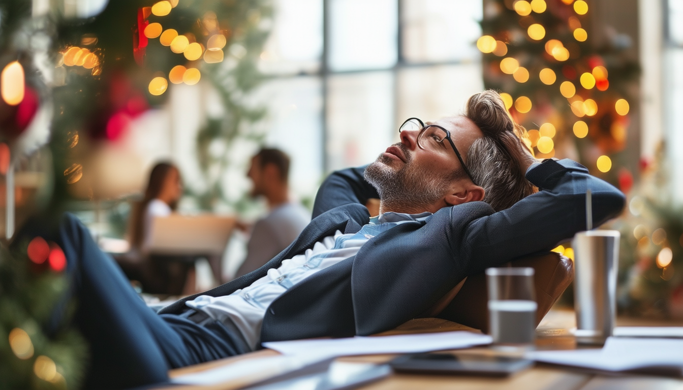 A business owner relaxing in a festive setting, st