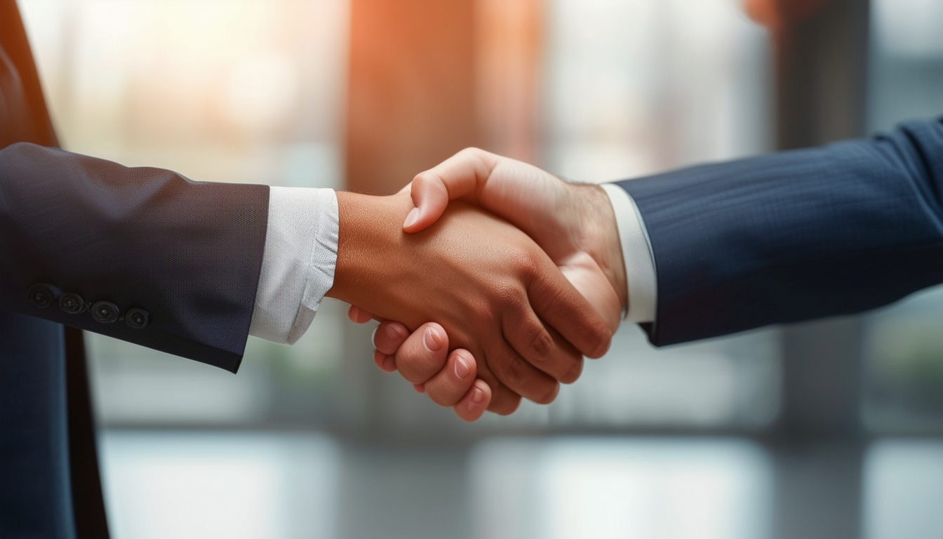 A business professional shaking hands with an empl